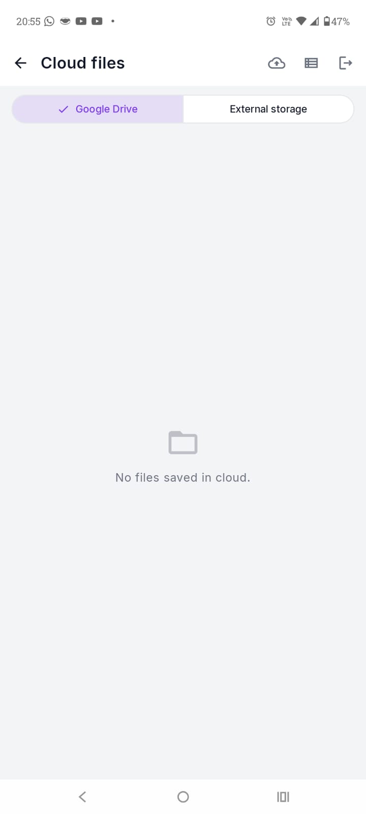 Tela de arquivos na nuvem do ArchPDF com Google Drive selecionado