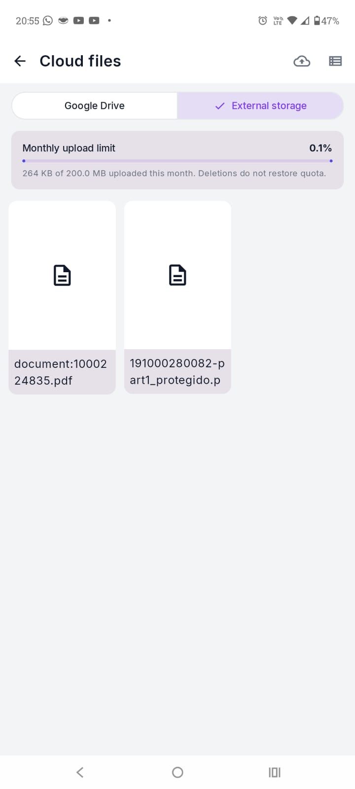 Tela de arquivos na nuvem do ArchPDF com Armazenamento Externo e limite mensal de uploads