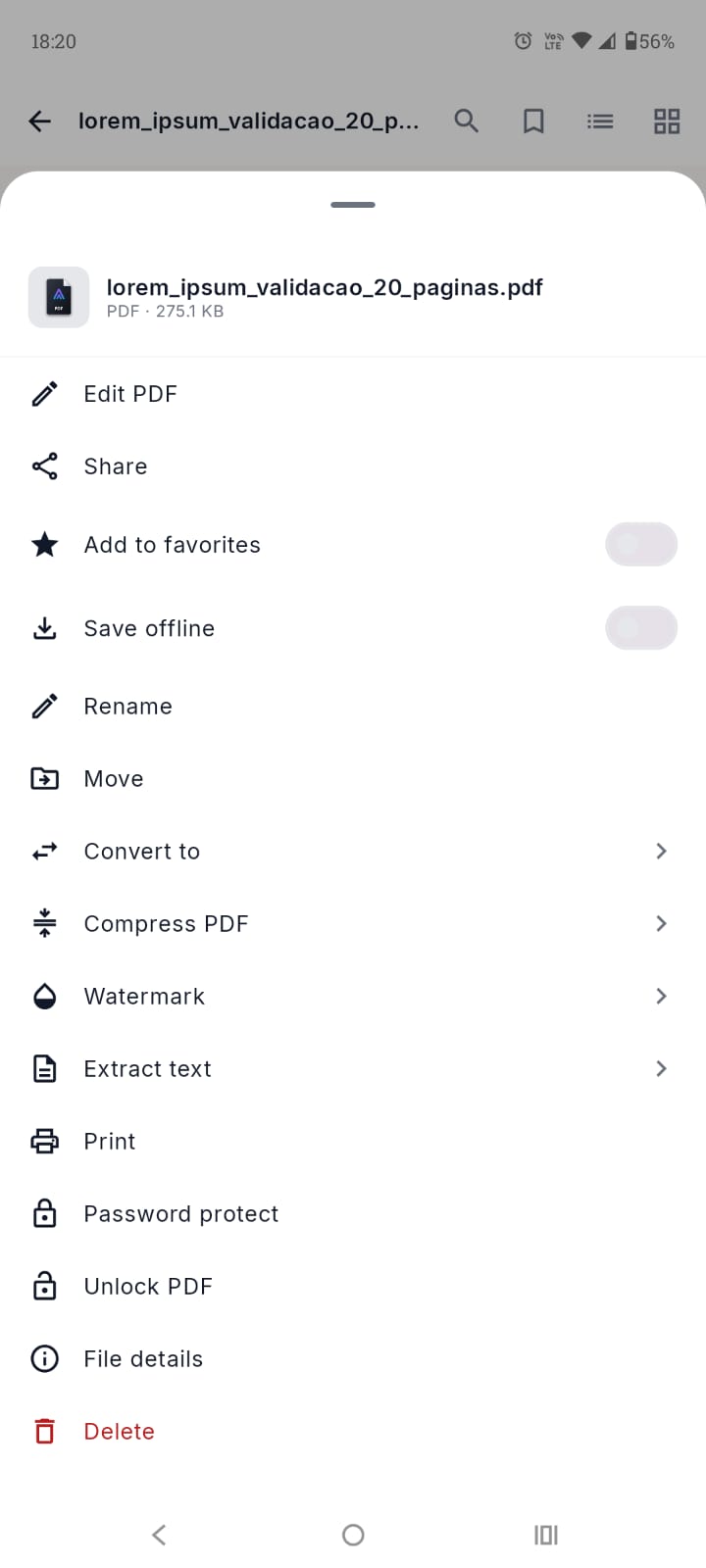 Menu de ações do documento no ArchPDF com edição, conversão, compressão e proteção