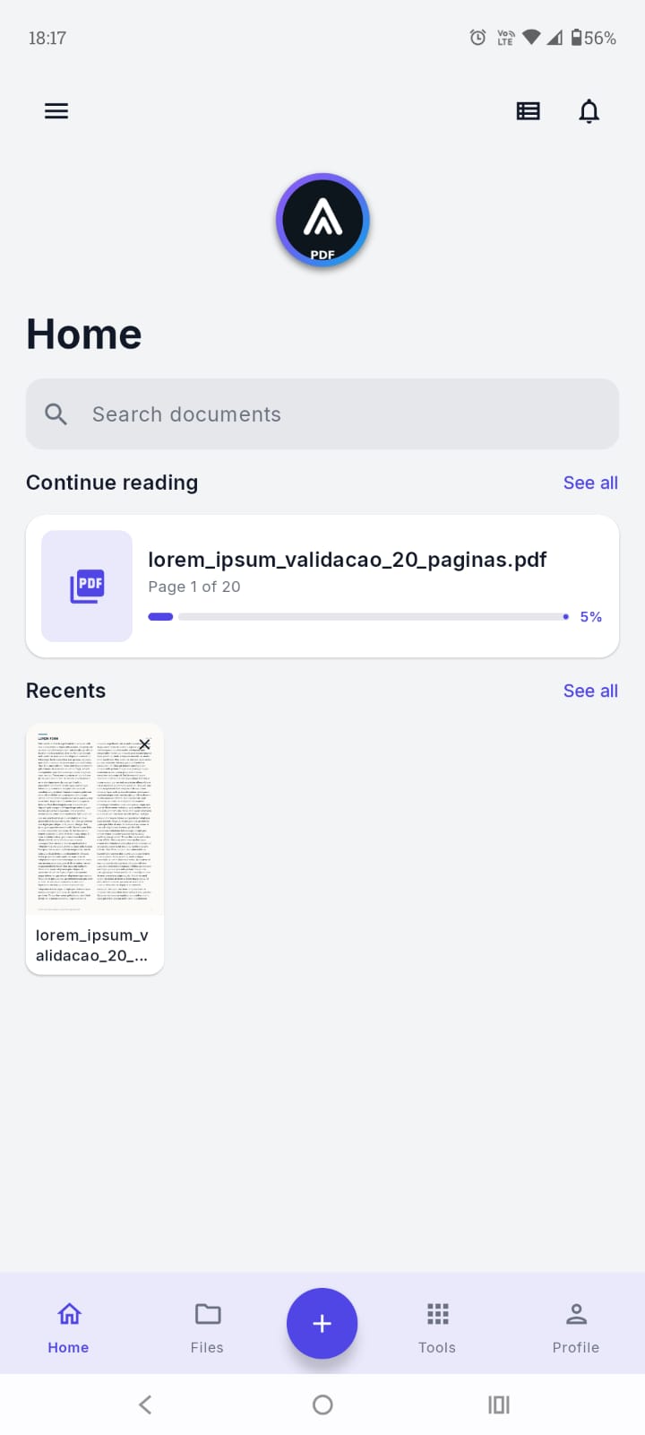 Tela inicial atualizada do ArchPDF com continuar lendo, recentes e navegação principal