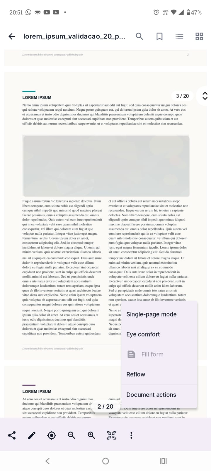 Leitor do ArchPDF com menu que inclui modo de página única, conforto visual e reflow