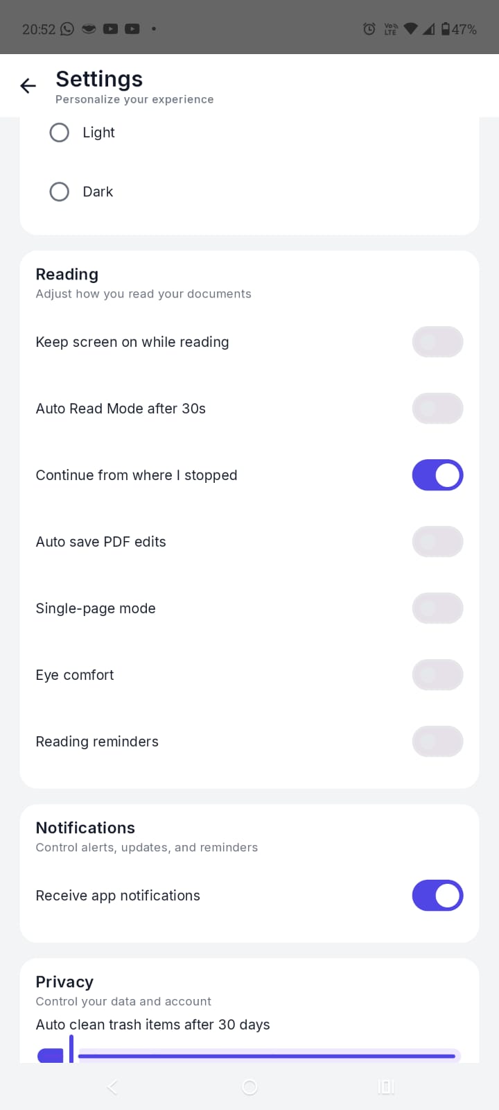 Configurações de leitura do ArchPDF com modo leitura, salvar edições e limpeza automática da lixeira