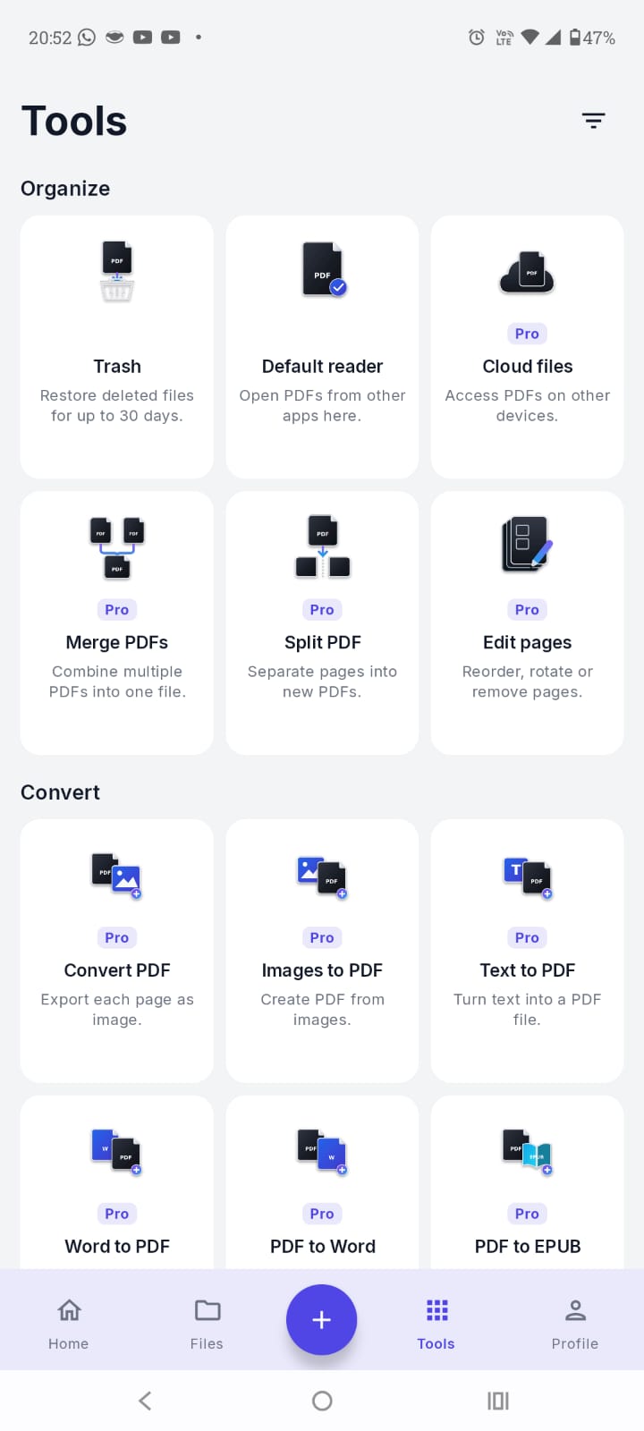Tela Ferramentas do ArchPDF com arquivos na nuvem, mesclar, dividir e editar páginas